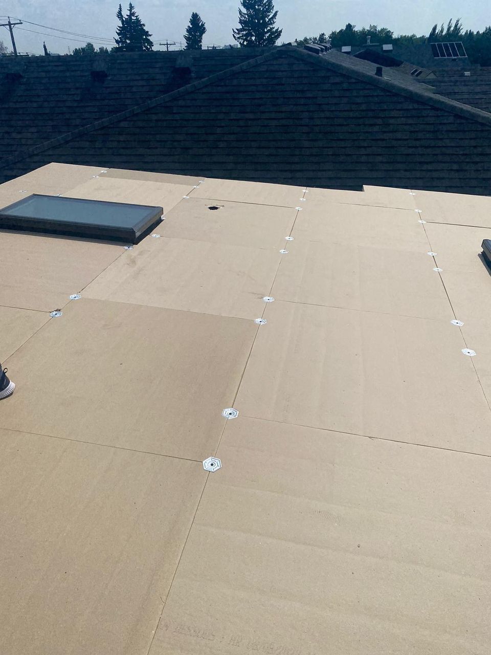 Curb-mounted skylight beside fibreboard coverboard with fastening plates on a flat roof