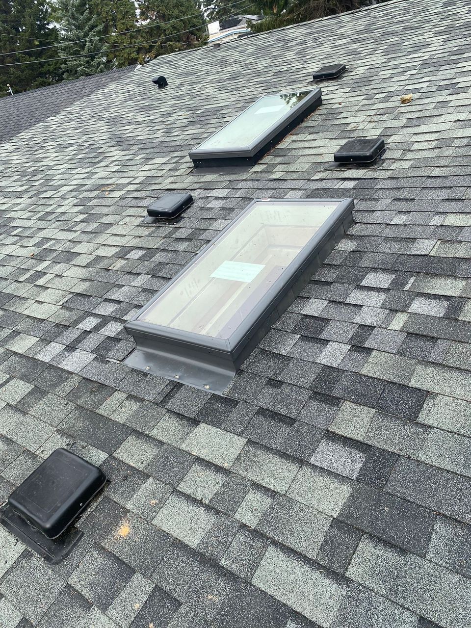 Two new skylights installed on an asphalt shingle roof in Calgary