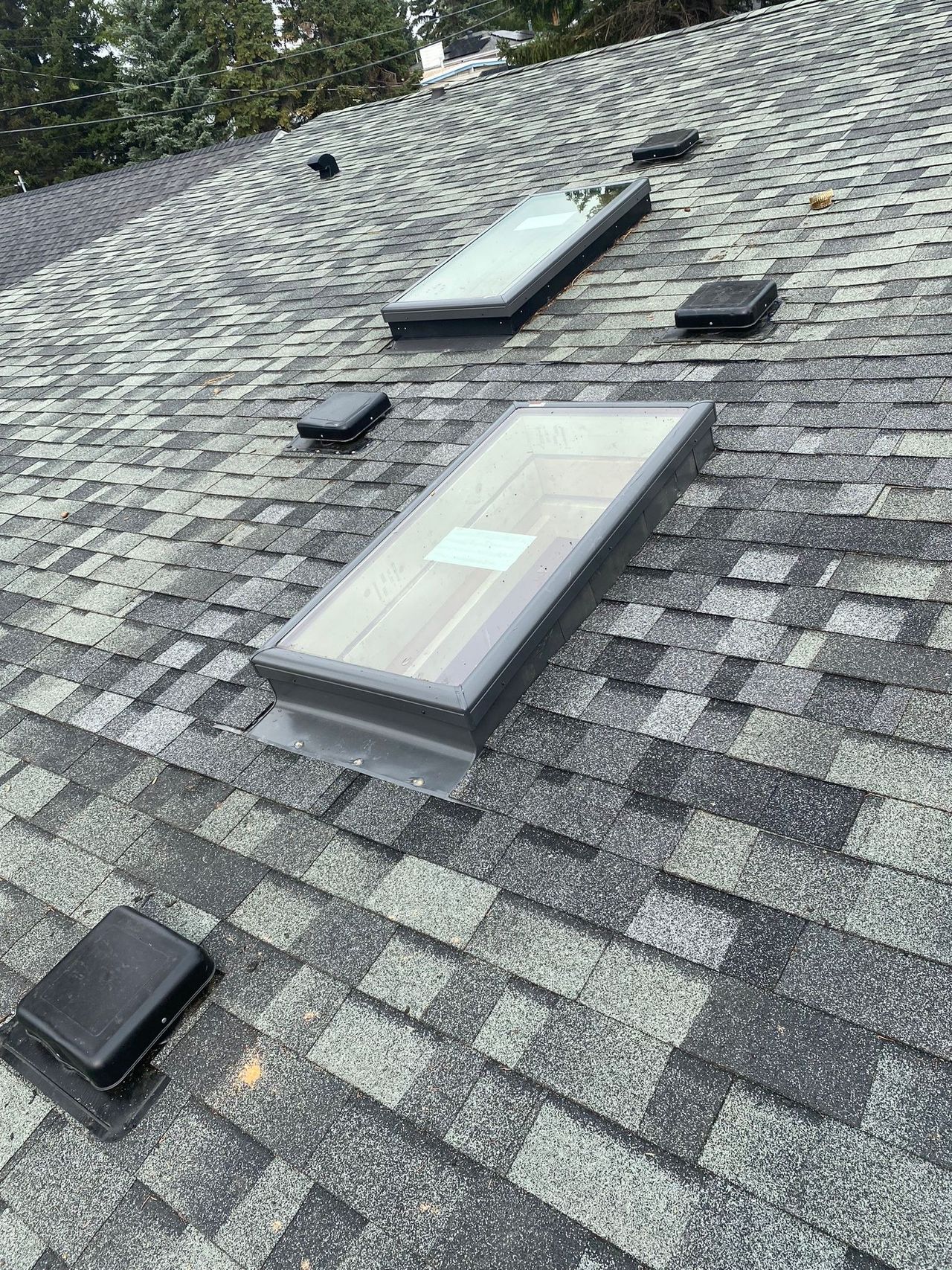 Two new skylights installed on an asphalt shingle roof in Calgary